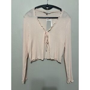 Gaze DTLA Knit Crop Cardigan Sweater Romantic Ruffle Tie‎ Front Soft Pale Pink S